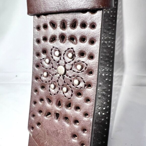 Brown Bonded Leather Women's Studded Embroidered Flowers-Silver Buckle-Size Lg - Picture 8 of 12